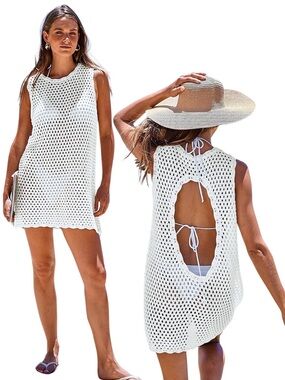 Women’s White Crochet Beach Cover-Up Dress w/ Keyhole Back